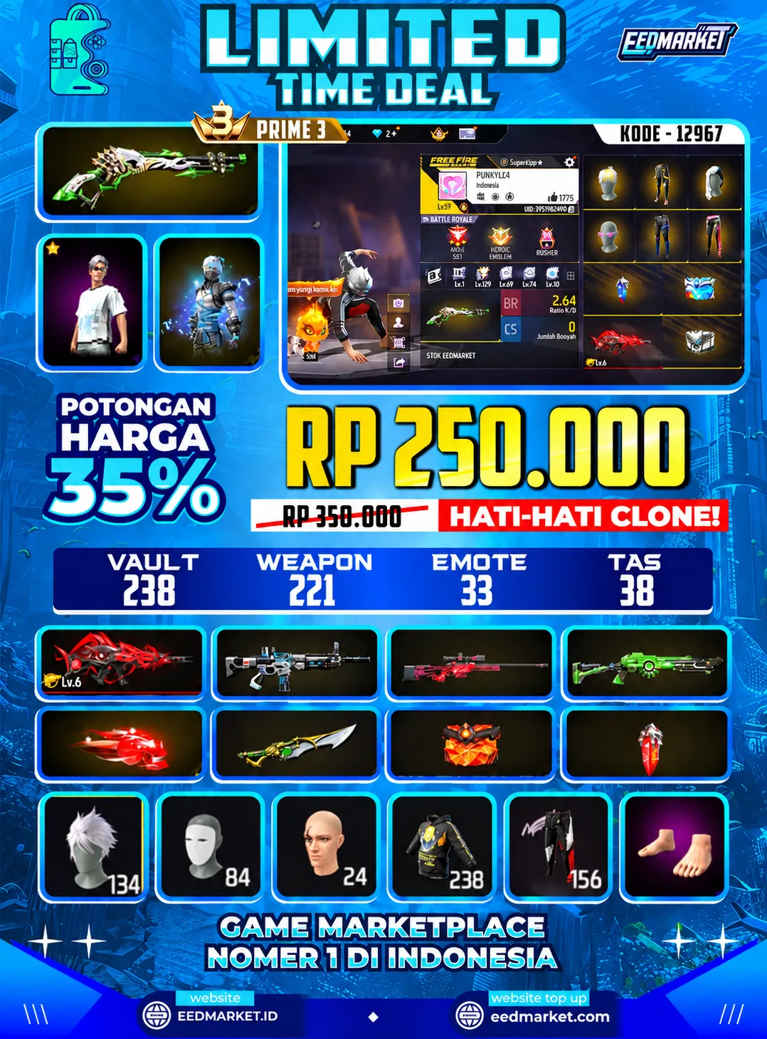 SG2 LUMUT, EVO SCAR MEGALODON LVL6, SKIN TINJU ON, ANIMASI KEDATANGAN ON, CELANA ANGEL ON, TAS TENGKORAK ON, TAS NAGA ON, VAULD 238, PRIME 3,