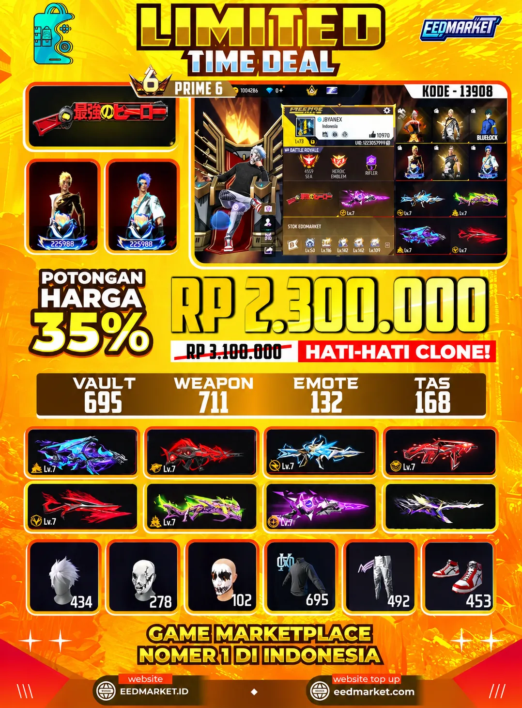 SG2 OPM + EVO MAX, TOTAL SENJATA EVOGUND MAX 7, TAS SAYAP, SEPATU JORDAN, BUNDLE SEMI OLD, ANIMASI MEDKIT ON, VAULD 695, PRIME 6,