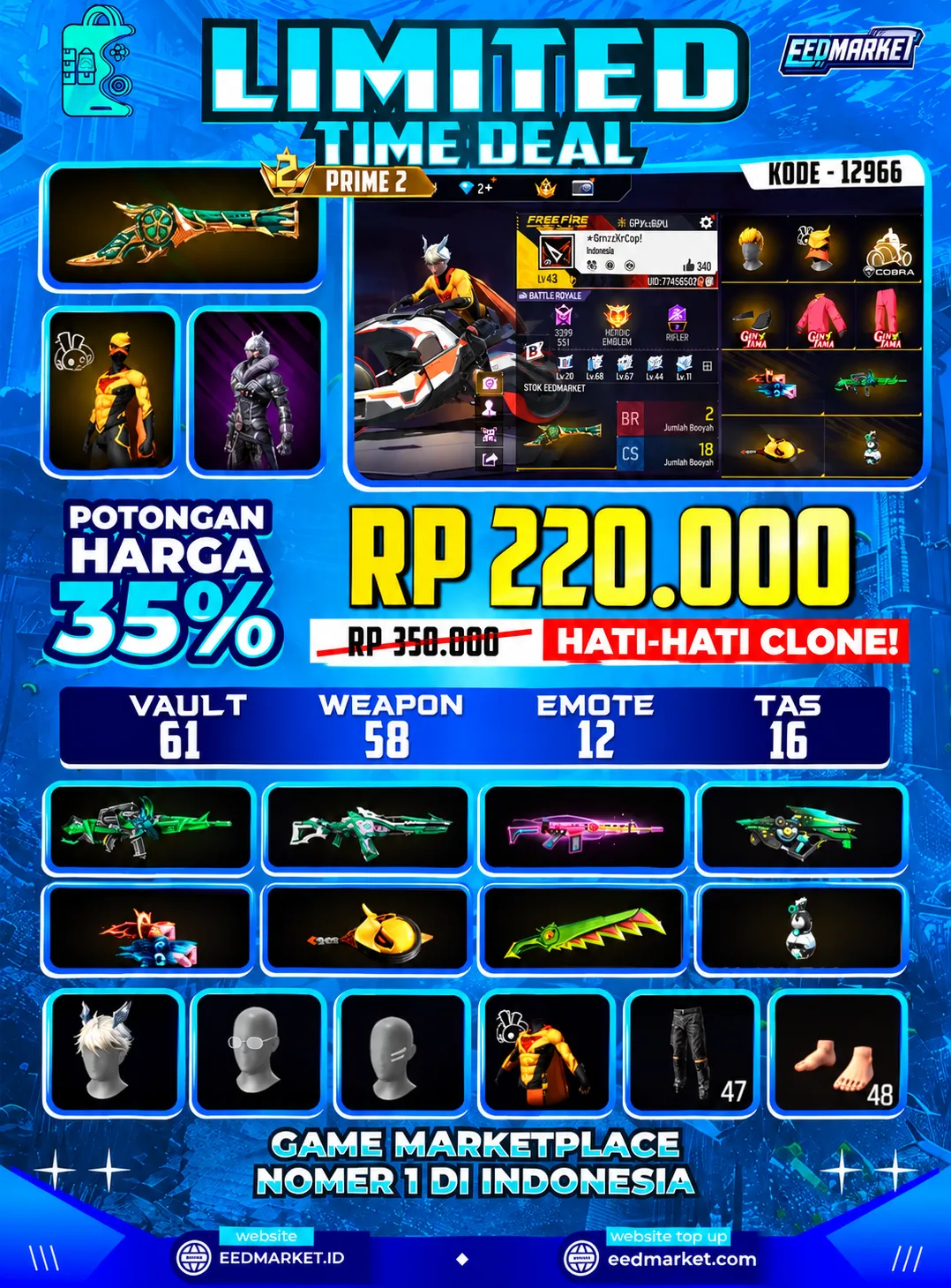 SG2 TROMPET,SKIN TINJU ON, VAULD 61, RAMBUT KAKASIH PUTIH HITAM ON, PRIME 2,