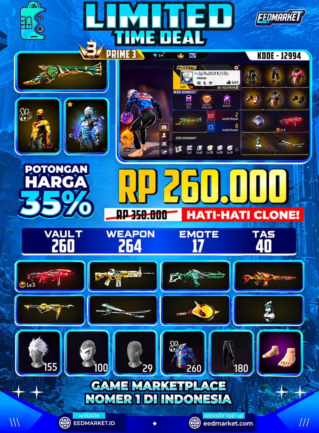 SG2 TROMPET, EVO MP40 LVL3, RAMBUT KAKASIH,BAJU PIAMA, VAULD 260, PRIME 3,