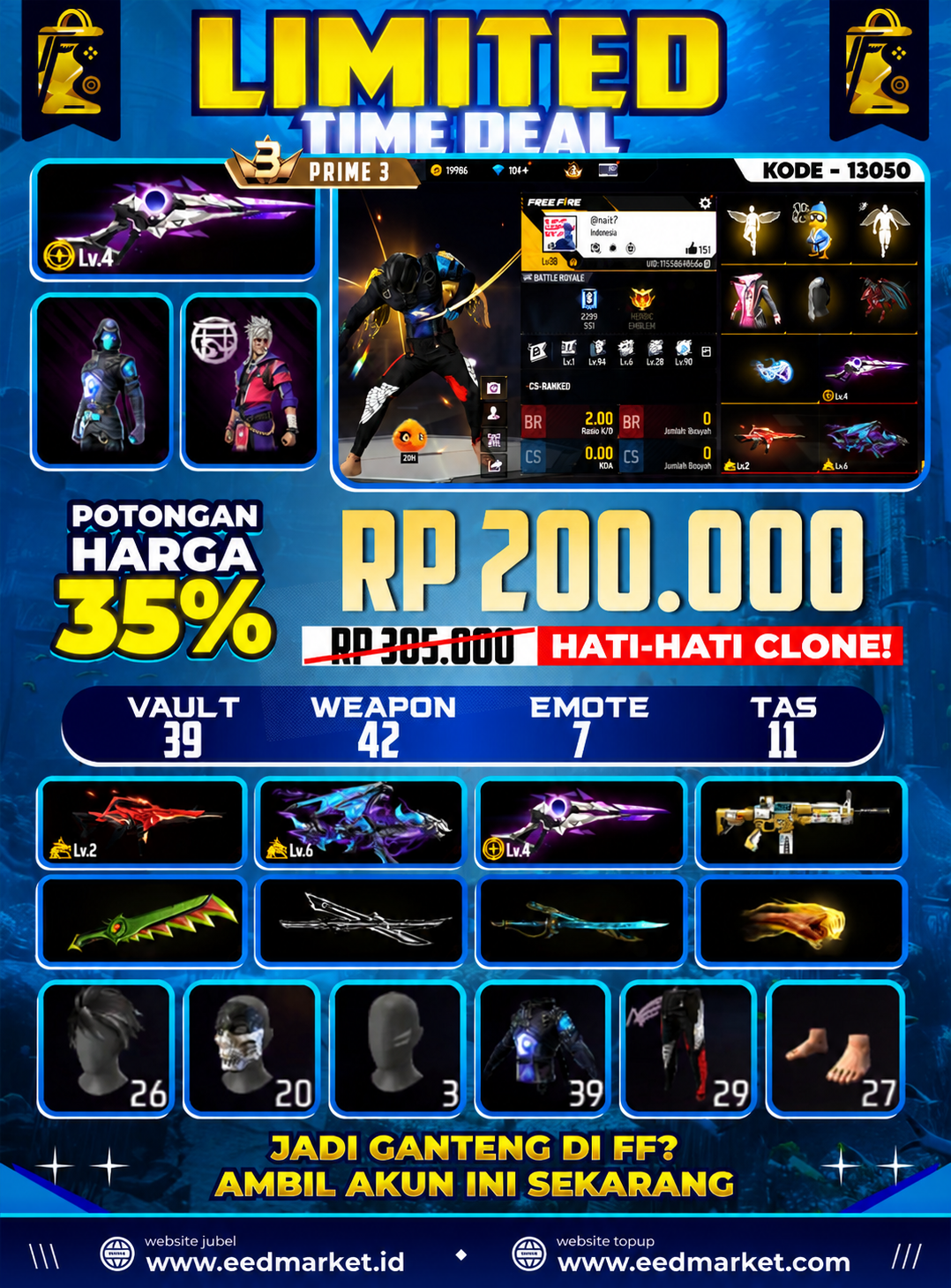 PRIME 3 EVO 3 SG EVO LEVEL 4 AK47 DRACO LEVEL 6 M4 EVO LEVEL 2 CELANA ANGEL MERAH RAMBUT KAKASHI HITAM