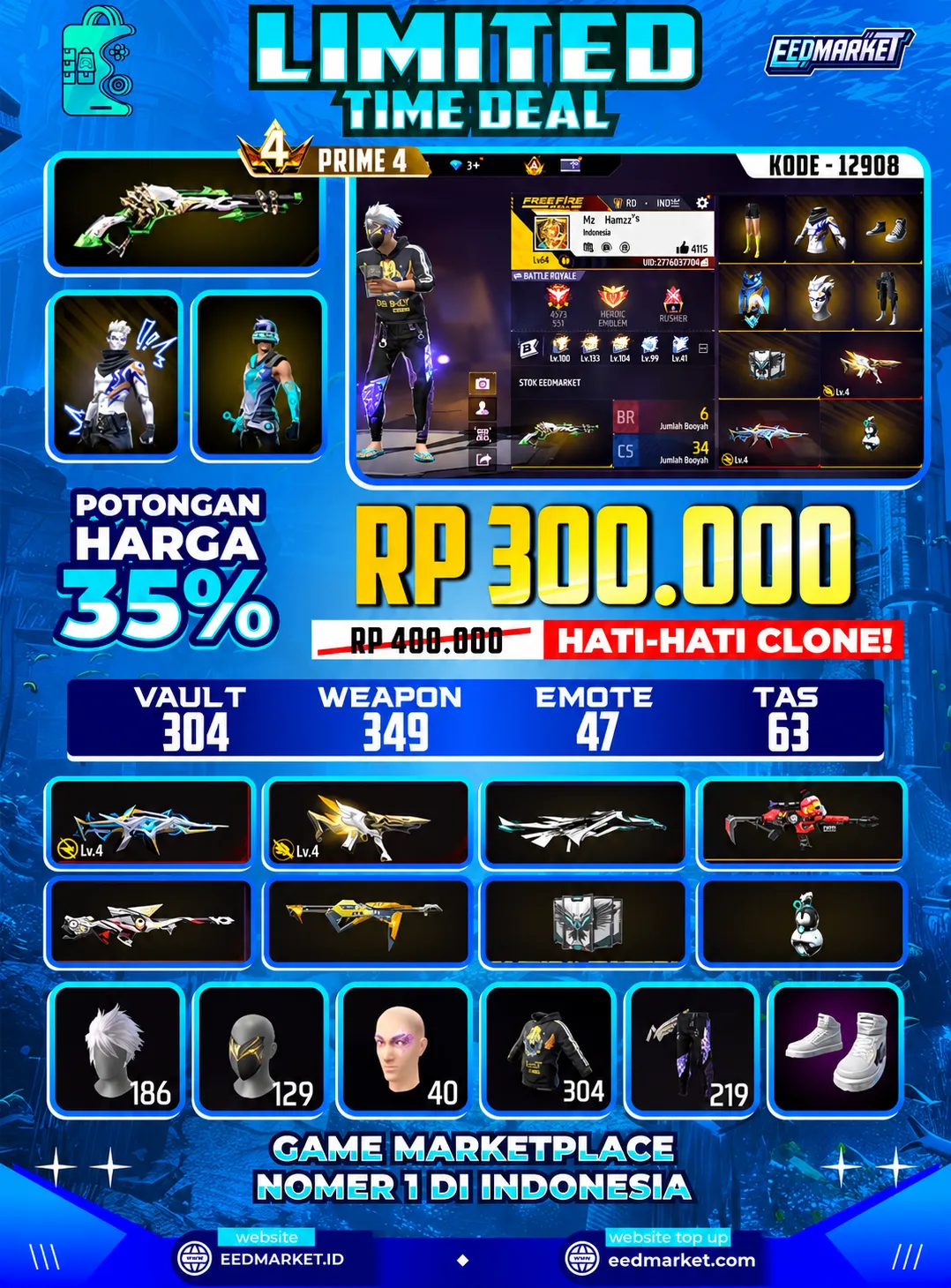 SG2 LUMUT, EVO XM8 LVL4, EVO MP5 LVL4, RAMBUT KAKASIH, CELANA ANGEL, BAJU SAITAMA, VAULD 304, PRIME 4,
