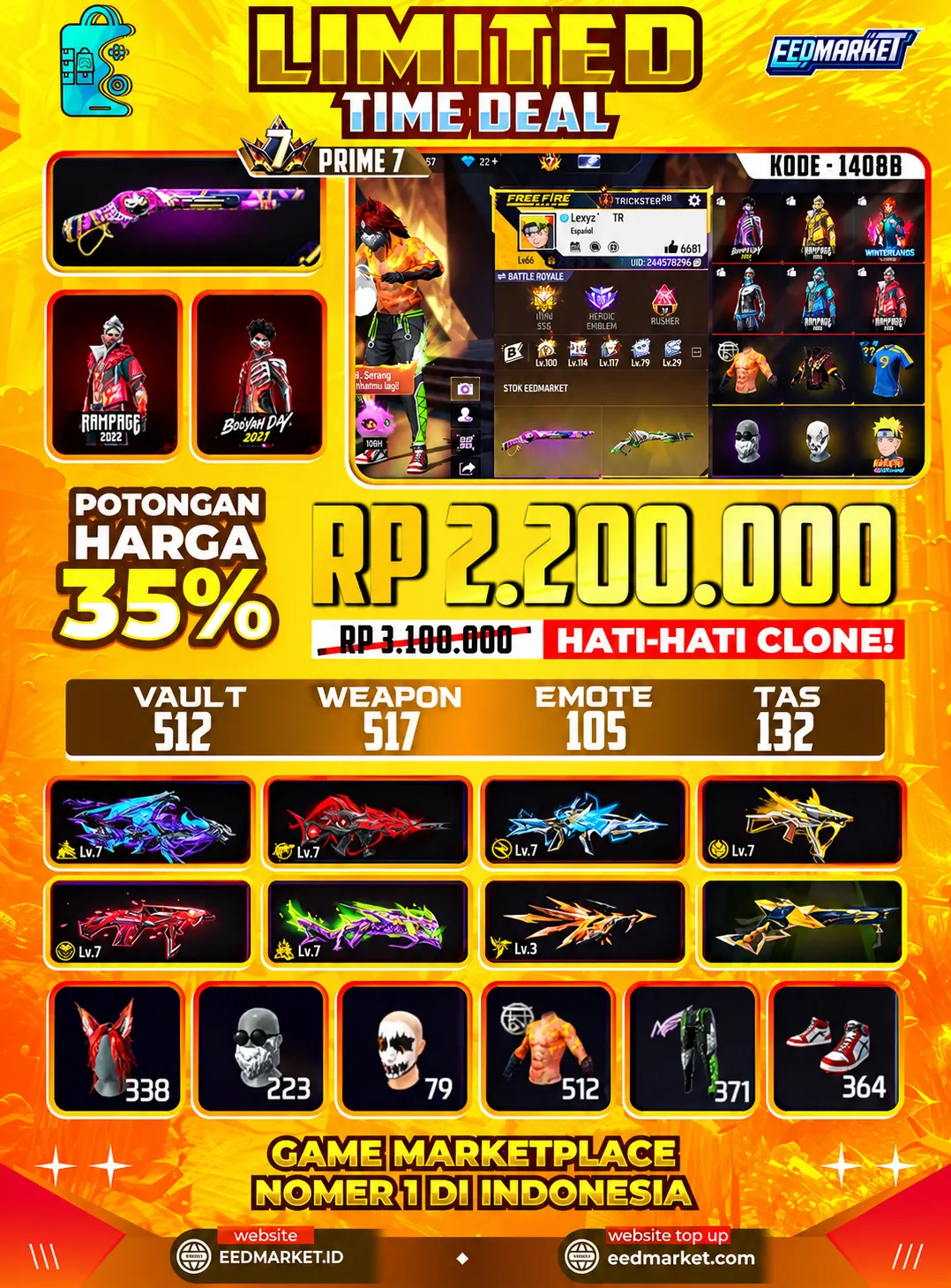 SG2 REPER, TOTAL SENJATA EVOGUND 7 MAX 6, BUNDLE COBRA BOOYAH NARUTO RAMPAGE, JENGGOT BNL, VAULD 513, PRIME 7,