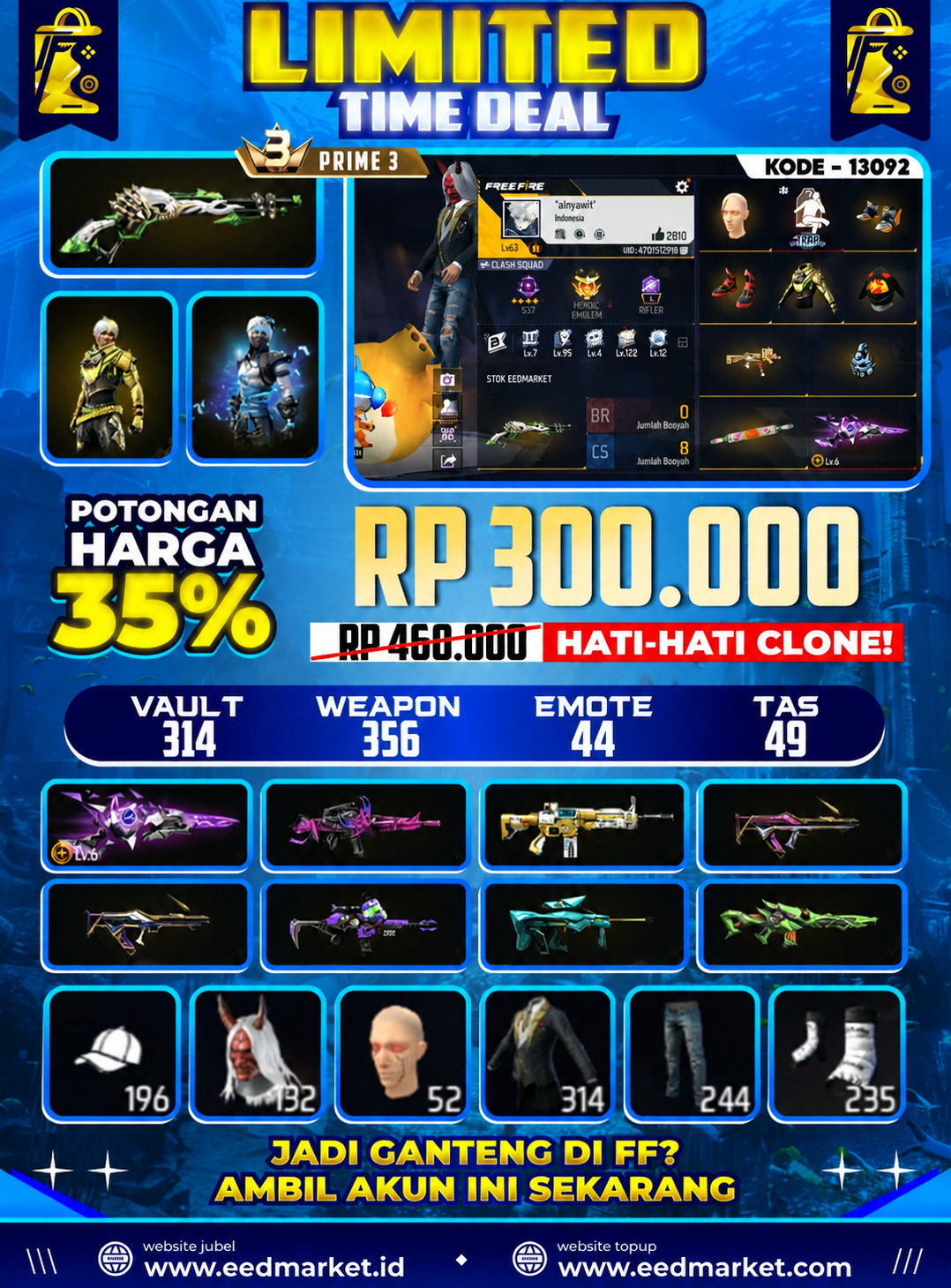 PRIME SG EVO LEVEL 5 SG LUMUT BUNDLE COLAB PAIN DAN JIRAIYA BUNDLE SAMURAI BUDI SKIN SENJATA 350+