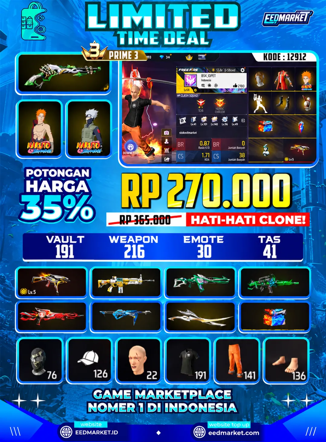 SG2 LUMUT, EVO UMP LVL5, TAS NAGA KELINCI, BUNDLE KAKASIH, VAULD 191, PRIME 3,