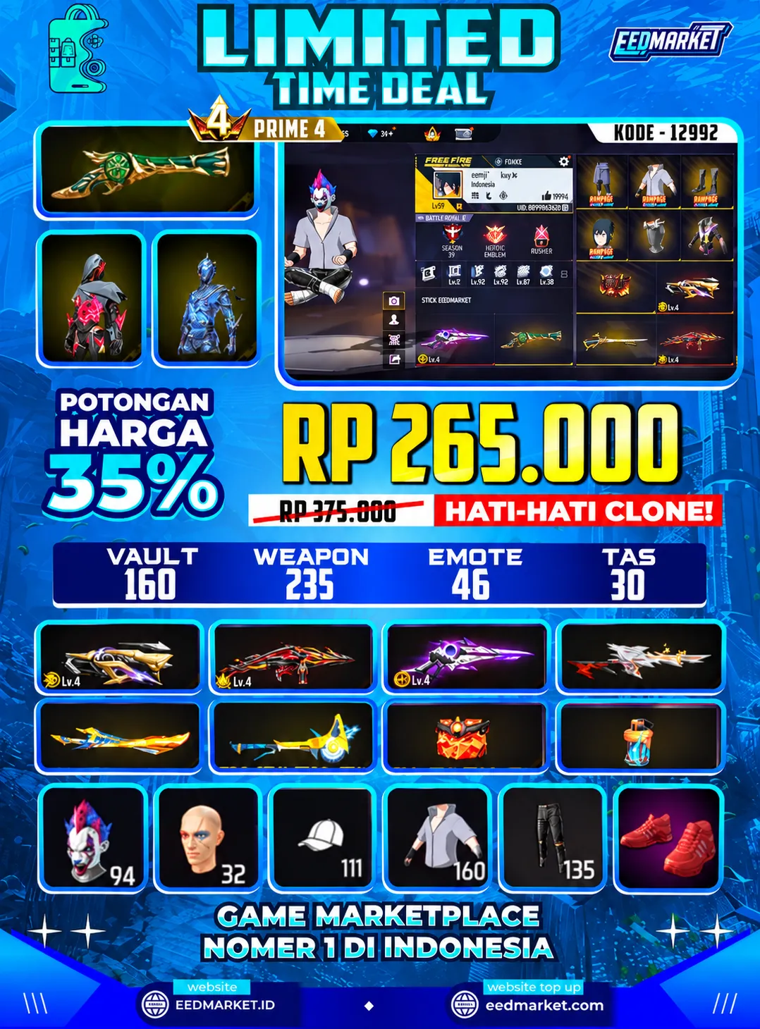 SG2 TROMPET, SENJATA EVOGUND 3 LVL4, BUNDLE SASUKE, VAULD 160, PRIME 4,