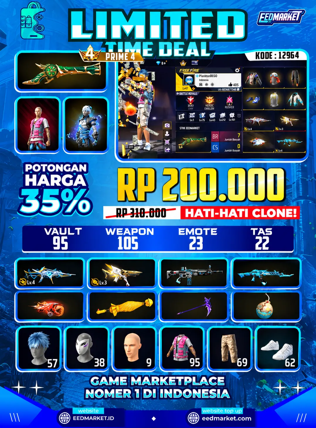 SG2 TROMPET, EVO XM8 LV4, EVO MP5 , SKIN TINJU ON, VAULD 95, PRIME 4,