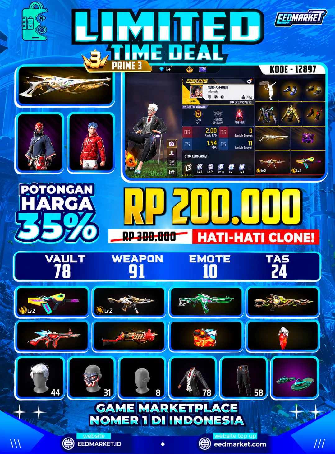 SG2 GURUN, SENJATA EVOGUND 2 LVL2, BUNDLE KECE, VAULD 78, PRIME 3,