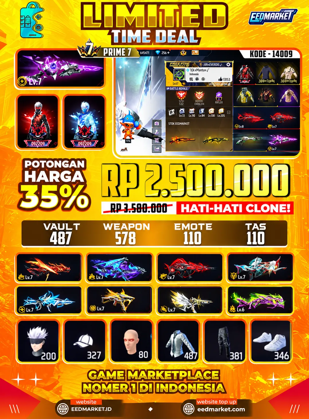 SG2 EVOGUND + METEOR, TOTAL SENJATA EVO 14 MAX 10, BUNDLE LELANG ON, EMOT MEDKIT ON, EMOT KEDATANGAN, VAULD 487, PRIME 7,