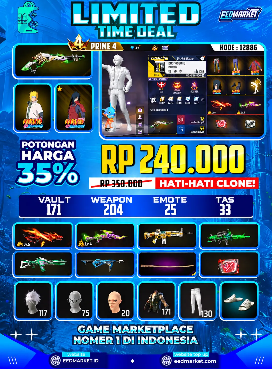 SG2 LUMUT, EVO M4A1 LVL6, EVO SG PANJANG LVL4, BUNDLE BORUTO, VAULD 171, PRIME 4,