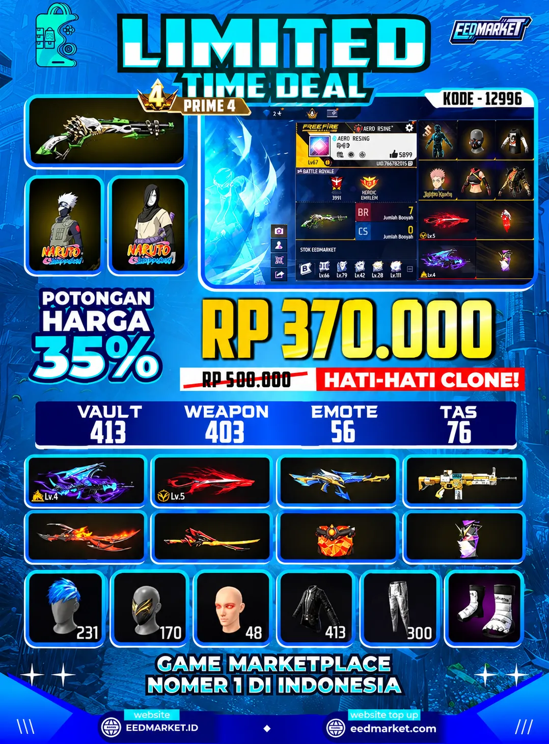 SG2 LUMUT, EVO AK DRAKO LVL4, SG SCORPIO LVL5, BUNDLE KAKASIH, CELANA ANGEL PUTIH UNGU, VAULD 413, PRIME 4,