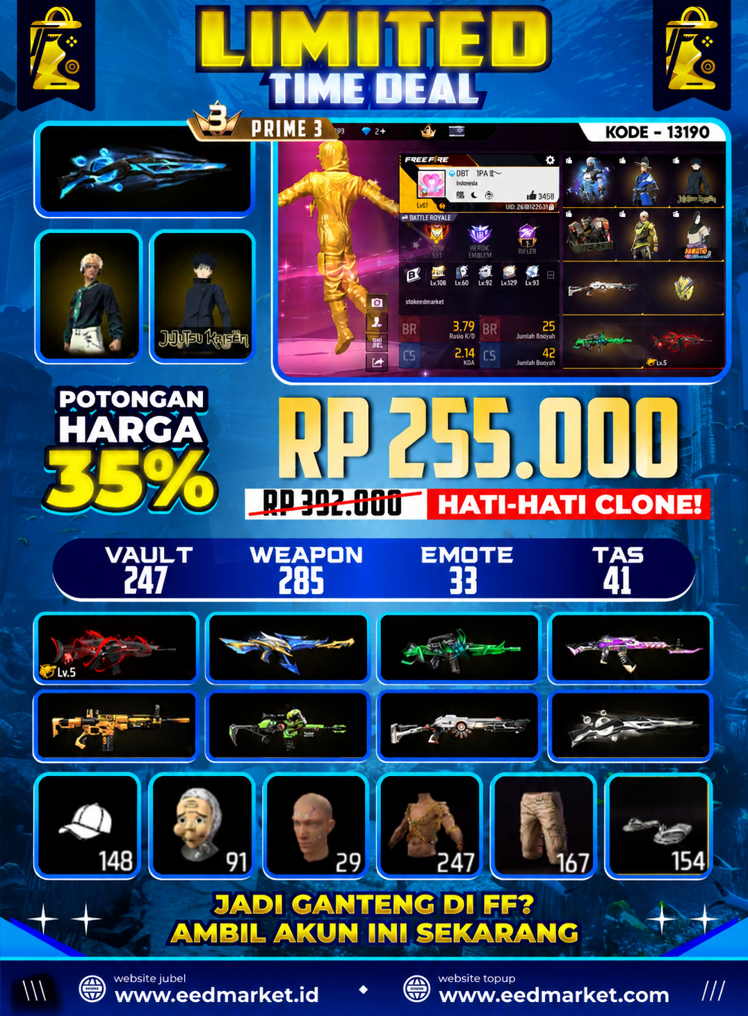 SG AQUA ABU, SCAR EVO LVL 5 BUNDEL JUJUTSU KAISEN BUNDEL BANDIT EMAS VAULT 247 PRIME 3