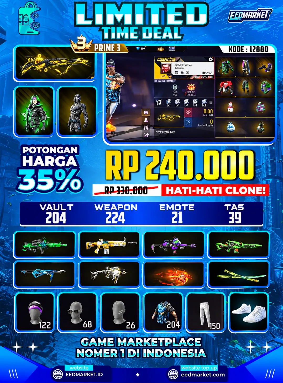 SG2 SOLARIS BURST, BUNDLE ONE PUSH MAN, SKIN TINJU, BAJU PUTIH POLOS, VAULD 204, PRIME 3,