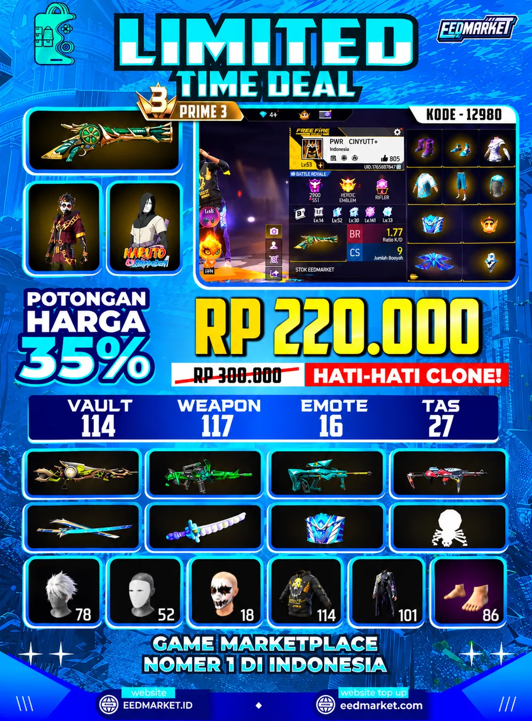 SG2 TROMPET, MASKER JOKER, RAMBUT KAKASIH, CELANA ANGEL UNGU, TAS NAGA, VAULD 114, PRIME 3,